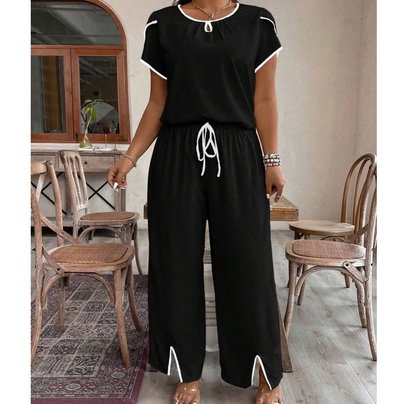 Plus Short Sleeve top Colorblock Wide Leg Lounge Pants Set - Picture 2 of 5
